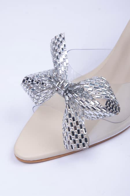 SCHON ZAPATO Beige Sparkling Bow Embellished Heels Online at Aza Fashions SCHON ZAPATO_Beige Sparkling Bow Embellished Heels _Online_at_Aza_Fashions