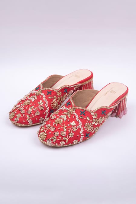 SCHON ZAPATO Red Zardozi Embroidered Mules 