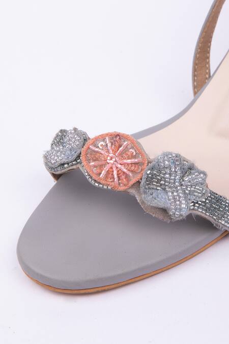 SCHON ZAPATO Blue Bead 3d Floral Embroidered Heels Online at Aza Fashions SCHON ZAPATO_Blue Bead 3d Floral Embroidered Heels _Online_at_Aza_Fashions