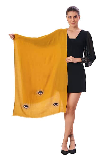 Taroob_Yellow Embroidered Evil Eye Stole_Online_at_Aza_Fashions