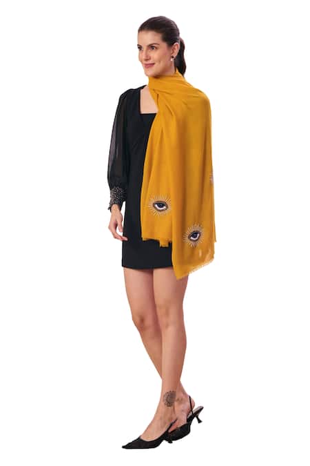 Buy_Taroob_Yellow Embroidered Evil Eye Stole_Online_at_Aza_Fashions