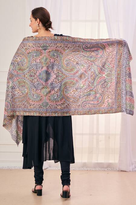 Shop_Taroob_Multi Color Floral Wool Paisley Pattern Stole _at_Aza_Fashions