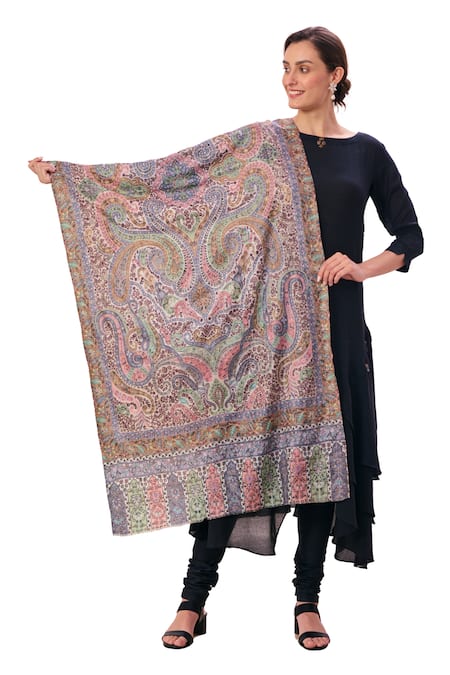 Taroob_Multi Color Floral Wool Paisley Pattern Stole _Online_at_Aza_Fashions