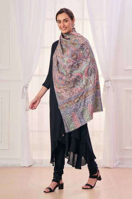 Shop_Taroob_Multi Color Floral Wool Paisley Pattern Stole _Online_at_Aza_Fashions