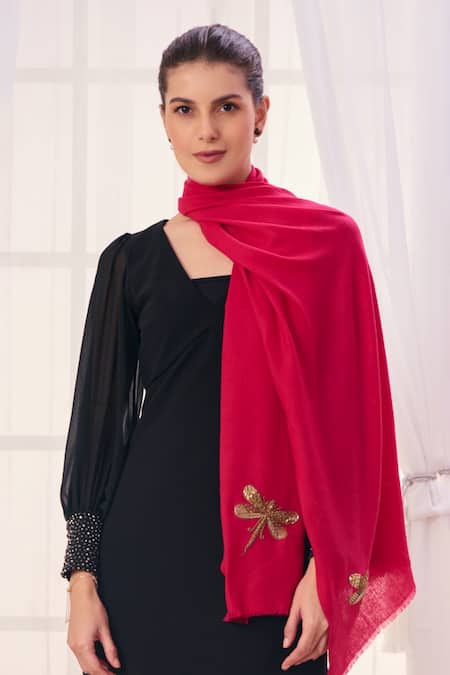 Shop_Taroob_Pink Embroidered Dragonfly Stole _at_Aza_Fashions