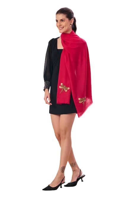 Buy_Taroob_Pink Embroidered Dragonfly Stole _Online_at_Aza_Fashions