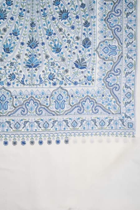 Taroob_White Embroidered Paisley Kashmiri Stole _Online_at_Aza_Fashions