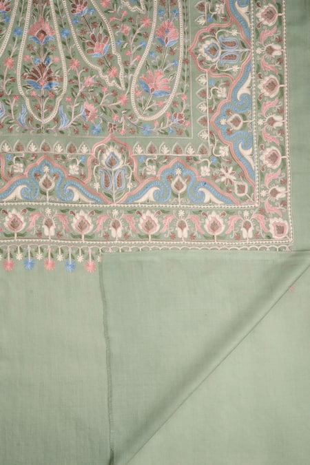 Taroob_Green Embroidered Floral Kashmiri Stole _Online_at_Aza_Fashions