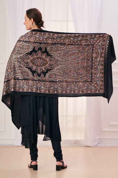 Shop_Taroob_Black Embroidered Paisley Stole _at_Aza_Fashions