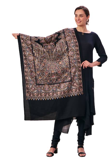 Taroob_Black Embroidered Paisley Stole _Online_at_Aza_Fashions