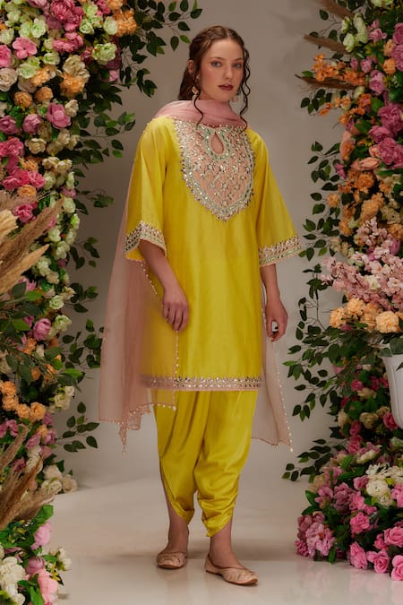 Preeti S Kapoor Yellow Chanderi Embellished Sequin Key Hole Gota Neck Short Kurta Set