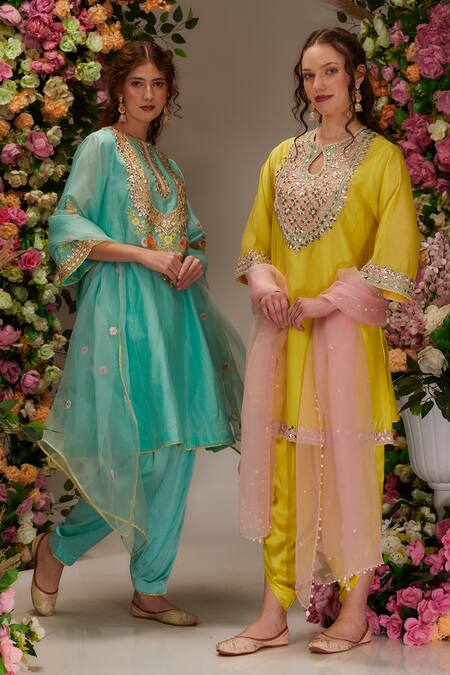 Buy_Preeti S Kapoor_Yellow Chanderi, Satin, Organza Sequins, Gota Embellished Short Kurta Set _Online_at_Aza_Fashions