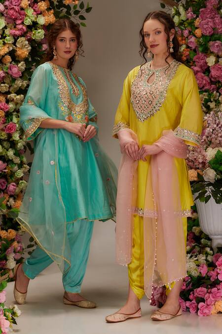 Shop_Preeti S Kapoor_Blue Chanderi, Satin, Cotton, Organza Embellished A-line Kalidar Kurta Set _Online_at_Aza_Fashions