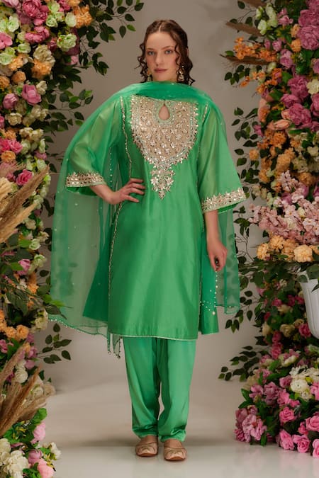 Preeti S Kapoor Green Chanderi Embellished Gota Key Hole Flared Kurta Salwar Set