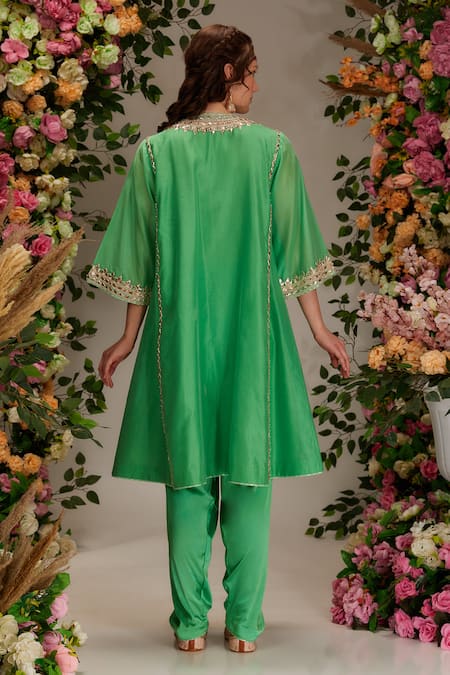 Preeti S Kapoor_Green Chanderi, Satin, Cotton, Organza Gota Embellished Flared Kurta Salwar Set _Online_at_Aza_Fashions