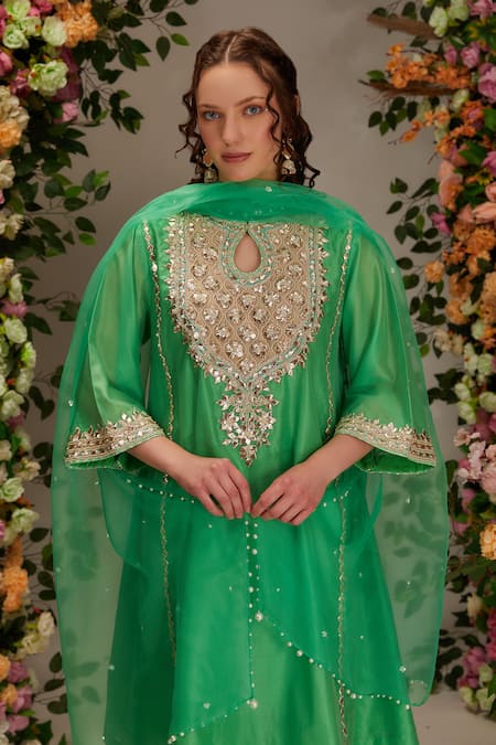 Buy_Preeti S Kapoor_Green Chanderi, Satin, Cotton, Organza Gota Embellished Flared Kurta Salwar Set _Online_at_Aza_Fashions