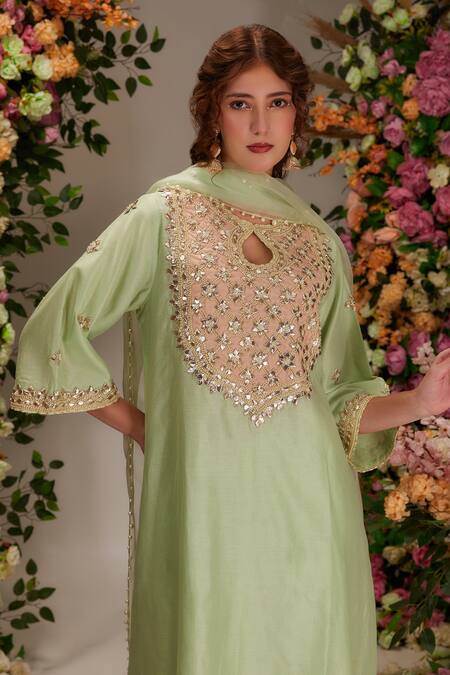 Buy_Preeti S Kapoor_Green Chanderi, Satin, Cotton, Organza Gota Embellished A-line Kurta Salwar Set _Online_at_Aza_Fashions