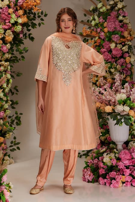 Preeti S Kapoor Peach Chanderi Embellished Gota Key Hole Yoke Flared Kurta Salwar Set