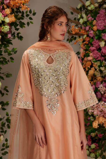 Buy_Preeti S Kapoor_Peach Chanderi, Satin, Organza Gota Embellished Yoke Flared Kurta Salwar Set _Online_at_Aza_Fashions