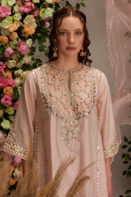 Preeti S Kapoor Pink Chanderi, Satin, Cotton, Organza Gota Embellished A-line Kurta Salwar Set at Aza Fashions Preeti S Kapoor_Pink Chanderi, Satin, Cotton, Organza Gota Embellished A-line Kurta Salwar Set _at_Aza_Fashions