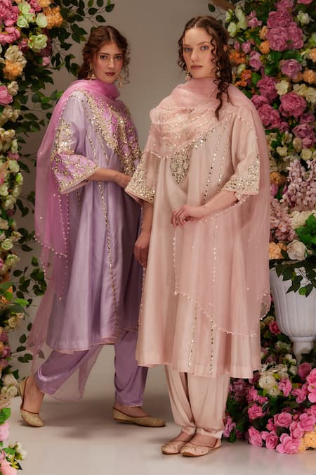 Buy Preeti S Kapoor Pink Chanderi, Satin, Cotton, Organza Gota Embellished A-line Kurta Salwar Set Buy_Preeti S Kapoor_Pink Chanderi, Satin, Cotton, Organza Gota Embellished A-line Kurta Salwar Set