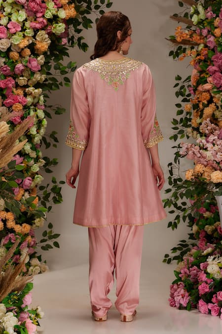 Preeti S Kapoor Pink Chanderi, Satin, Cotton, Organza Embellished A-line Short Kurta Salwar Set Online at Aza Fashions Preeti S Kapoor_Pink Chanderi, Satin, Cotton, Organza Embellished A-line Short Kurta Salwar Set _Online_at_Aza_Fashions