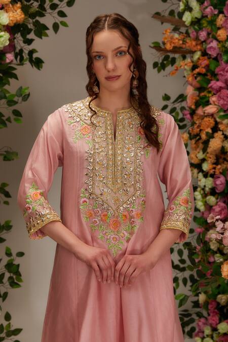 Buy Preeti S Kapoor Pink Chanderi, Satin, Cotton, Organza Embellished A-line Short Kurta Salwar Set Online at Aza Fashions Buy_Preeti S Kapoor_Pink Chanderi, Satin, Cotton, Organza Embellished A-line Short Kurta Salwar Set _Online_at_Aza_Fashions