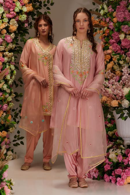 Shop Preeti S Kapoor Pink Chanderi, Satin, Cotton, Organza Embellished A-line Short Kurta Salwar Set Online at Aza Fashions Shop_Preeti S Kapoor_Pink Chanderi, Satin, Cotton, Organza Embellished A-line Short Kurta Salwar Set _Online_at_Aza_Fashions