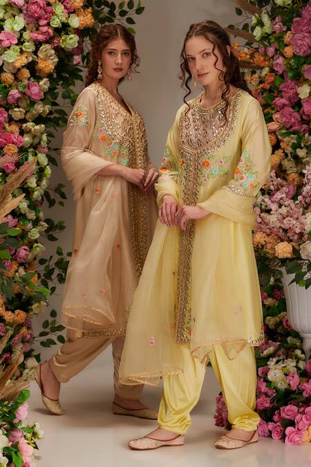 Buy Preeti S Kapoor Beige Chanderi, Satin, Organza Sequins, Gota Front Open Embellished Kurta Set Online at Aza Fashions Buy_Preeti S Kapoor_Beige Chanderi, Satin, Organza Sequins, Gota Front Open Embellished Kurta Set _Online_at_Aza_Fashions