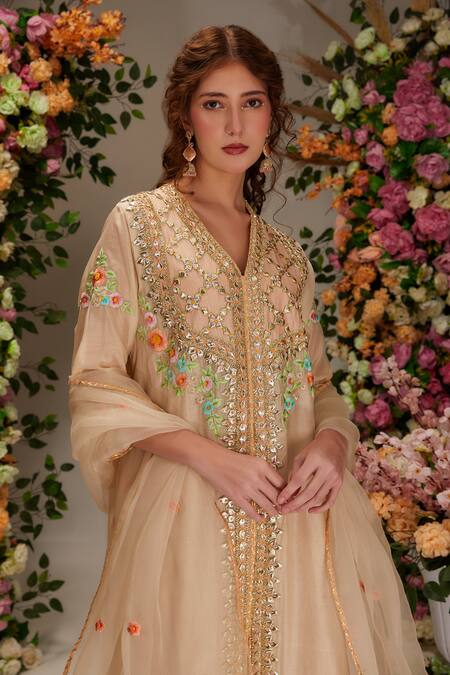 Shop Preeti S Kapoor Beige Chanderi, Satin, Organza Sequins, Gota Front Open Embellished Kurta Set Online at Aza Fashions Shop_Preeti S Kapoor_Beige Chanderi, Satin, Organza Sequins, Gota Front Open Embellished Kurta Set _Online_at_Aza_Fashions