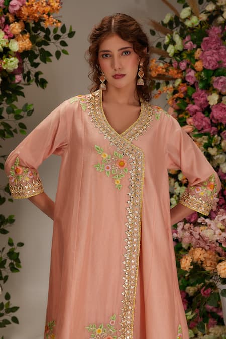 Buy Preeti S Kapoor Peach Chanderi, Satin, Cotton, Organza Gota Embellished Angrakha Salwar Set Online at Aza Fashions Buy_Preeti S Kapoor_Peach Chanderi, Satin, Cotton, Organza Gota Embellished Angrakha Salwar Set _Online_at_Aza_Fashions