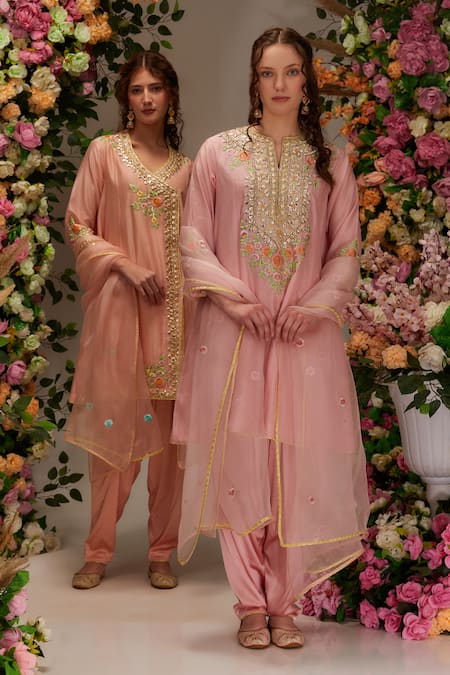 Shop Preeti S Kapoor Peach Chanderi, Satin, Cotton, Organza Gota Embellished Angrakha Salwar Set Online at Aza Fashions Shop_Preeti S Kapoor_Peach Chanderi, Satin, Cotton, Organza Gota Embellished Angrakha Salwar Set _Online_at_Aza_Fashions