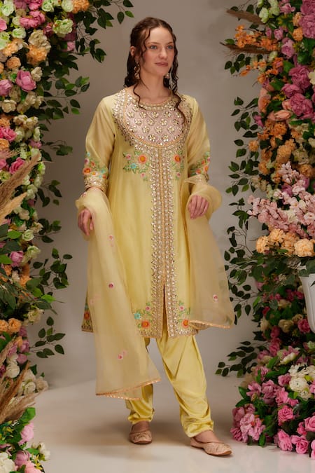 Preeti S Kapoor Yellow Chanderi Embroidered Gota Round Embellished A-line Kurta Set