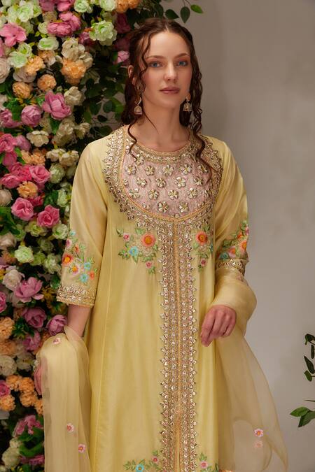 Shop Preeti S Kapoor Yellow Chanderi, Satin, Cotton, Organza Embroidery, Embellished A-line Kurta Set Online at Aza Fashions Shop_Preeti S Kapoor_Yellow Chanderi, Satin, Cotton, Organza Embroidery, Embellished A-line Kurta Set _Online_at_Aza_Fashions