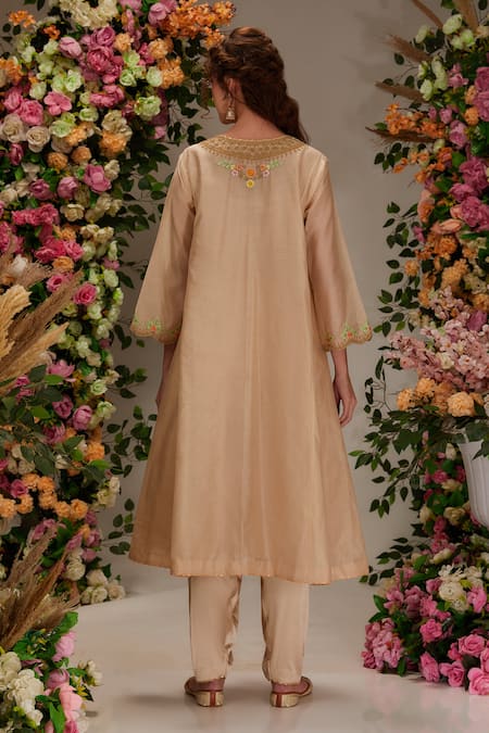 Preeti S Kapoor_Beige Chanderi, Satin, Cotton, Organza Embroidery V-neck Dori A-line Kurta Set _Online_at_Aza_Fashions