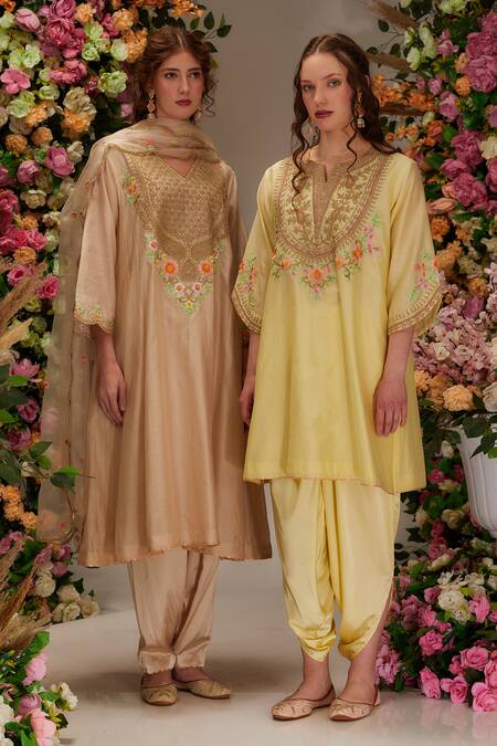 Buy_Preeti S Kapoor_Beige Chanderi, Satin, Cotton, Organza Embroidery V-neck Dori A-line Kurta Set _Online_at_Aza_Fashions