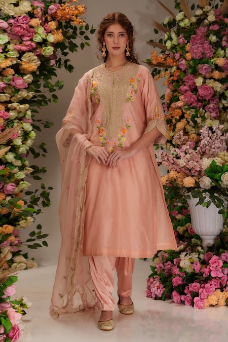 Preeti S Kapoor Peach Chanderi Embroidered Dori Notched Round Paisley Kurta Salwar Set