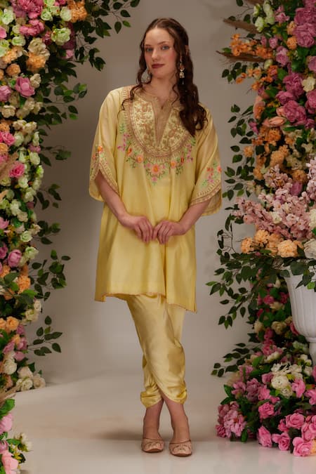 Preeti S Kapoor Yellow Chanderi Embroidered Dori Notched Flower A-line Kurta With Dhoti Pant 