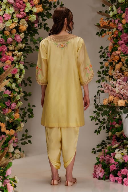 Preeti S Kapoor_Yellow Chanderi, Satin, Cotton Embroidery Flower A-line Kurta With Dhoti Pant _Online_at_Aza_Fashions