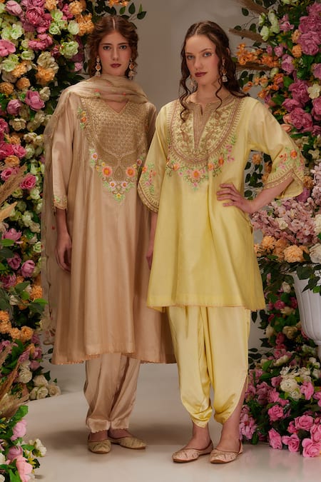 Buy_Preeti S Kapoor_Yellow Chanderi, Satin, Cotton Embroidery Flower A-line Kurta With Dhoti Pant _Online_at_Aza_Fashions