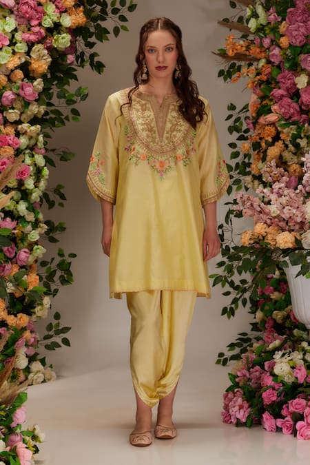 Shop_Preeti S Kapoor_Yellow Chanderi, Satin, Cotton Embroidery Flower A-line Kurta With Dhoti Pant _Online_at_Aza_Fashions