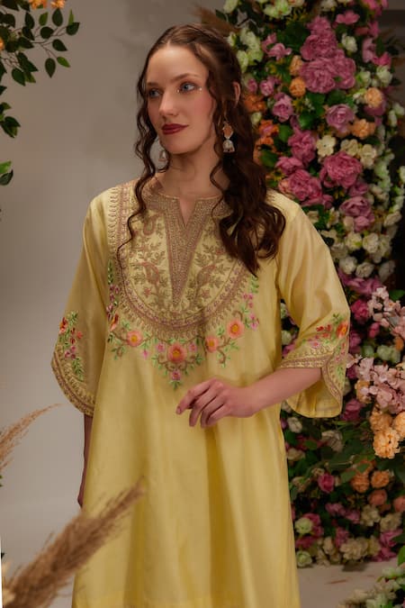 Preeti S Kapoor_Yellow Chanderi, Satin, Cotton Embroidery Flower A-line Kurta With Dhoti Pant _at_Aza_Fashions