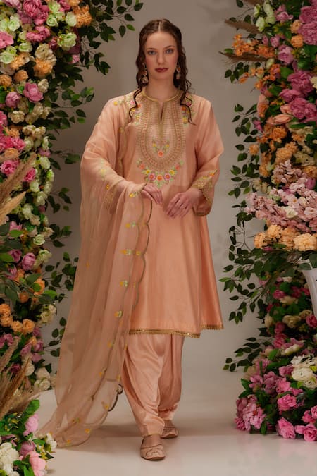 Preeti S Kapoor Peach Chanderi Embroidered Dori Notched Round Flower A-line Kurta Set