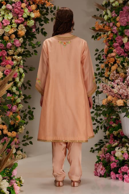 Shop Preeti S Kapoor Peach Chanderi, Satin, Cotton, Organza Embroidery Round Flower A-line Kurta Set at Aza Fashions Shop_Preeti S Kapoor_Peach Chanderi, Satin, Cotton, Organza Embroidery Round Flower A-line Kurta Set _at_Aza_Fashions
