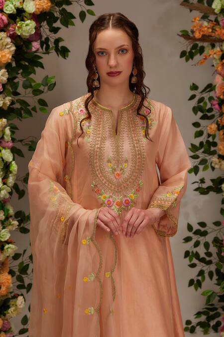 Shop Preeti S Kapoor Peach Chanderi, Satin, Cotton, Organza Embroidery Round Flower A-line Kurta Set Online at Aza Fashions Shop_Preeti S Kapoor_Peach Chanderi, Satin, Cotton, Organza Embroidery Round Flower A-line Kurta Set _Online_at_Aza_Fashions