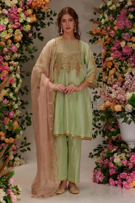 Preeti S Kapoor Green Chanderi Embroidered Dori Round Floral Kurta Pant Set