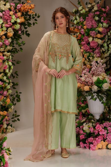 Buy_Preeti S Kapoor_Green Chanderi, Cotton, Organza Embroidery Round Neck Floral Kurta Pant Set _Online_at_Aza_Fashions