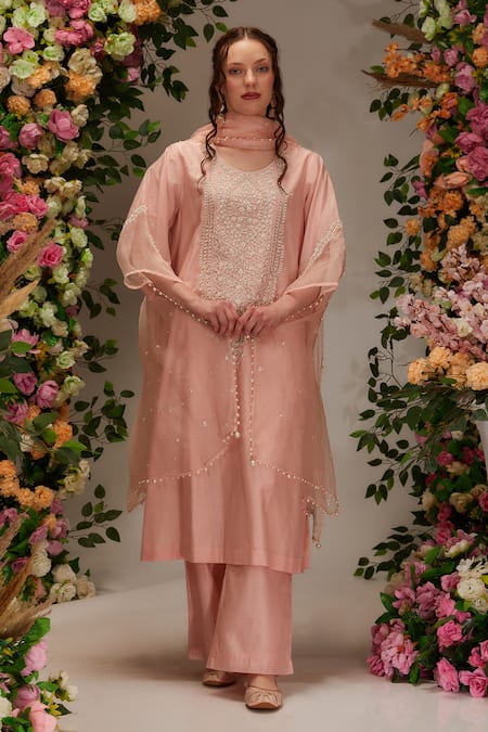 Preeti S Kapoor Peach Chanderi Embellished Sequin Round Moti Kurta Pant Set