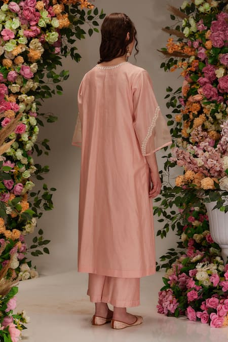 Preeti S Kapoor Peach Chanderi, Cotton, Silk , Moti Embellished Kurta Pant Set Online at Aza Fashions Preeti S Kapoor_Peach Chanderi, Cotton, Silk , Moti Embellished Kurta Pant Set _Online_at_Aza_Fashions
