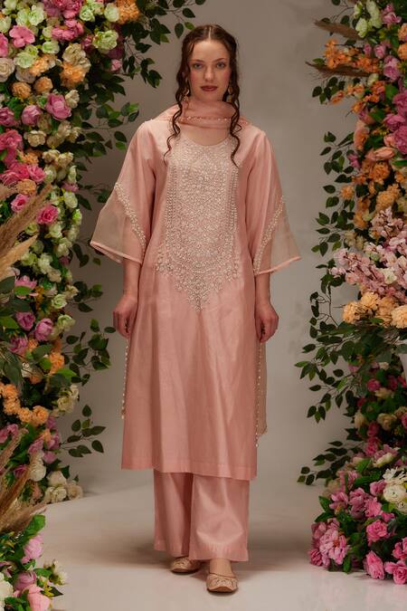 Buy Preeti S Kapoor Peach Chanderi, Cotton, Silk , Moti Embellished Kurta Pant Set Online at Aza Fashions Buy_Preeti S Kapoor_Peach Chanderi, Cotton, Silk , Moti Embellished Kurta Pant Set _Online_at_Aza_Fashions